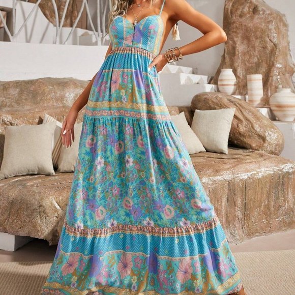 Blue Boho Womens Floral Print Ruffle Hem Cami Dress - Picture 3 of 5